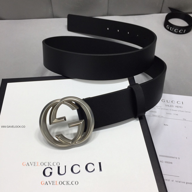 Gucci Leather Men's Belt Palladium Interlocking GG Buckle